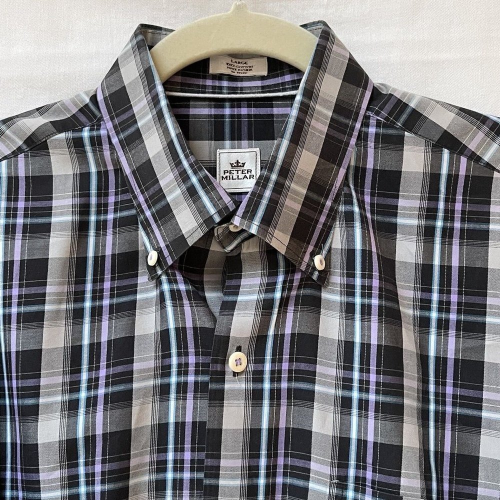 Peter Millar Shirt Mens Large Gray Plaid Long Sleeve Button Down Wedding Cotton